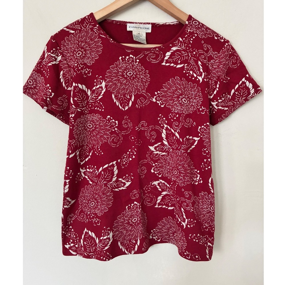 Evan-Picone Red Floral Cotton T-Shirt Womens Medium Short Sleeve Y2K Boho Top